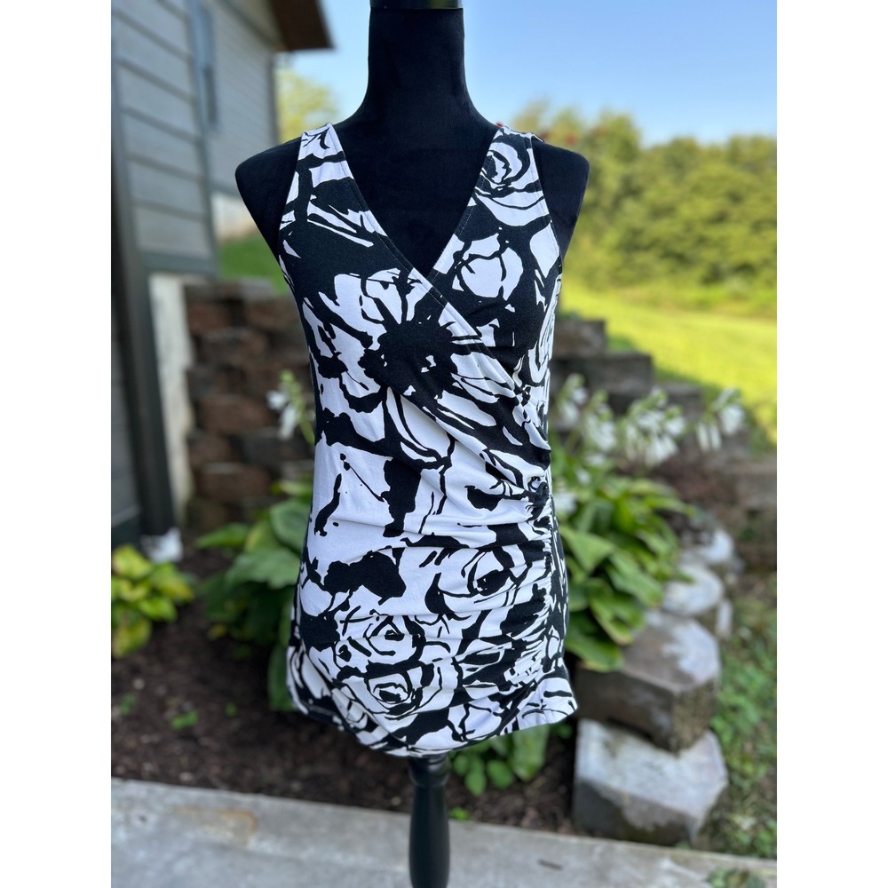 Express Floral Express Top Women Medium-fits small Black White Ruched Sleeveless